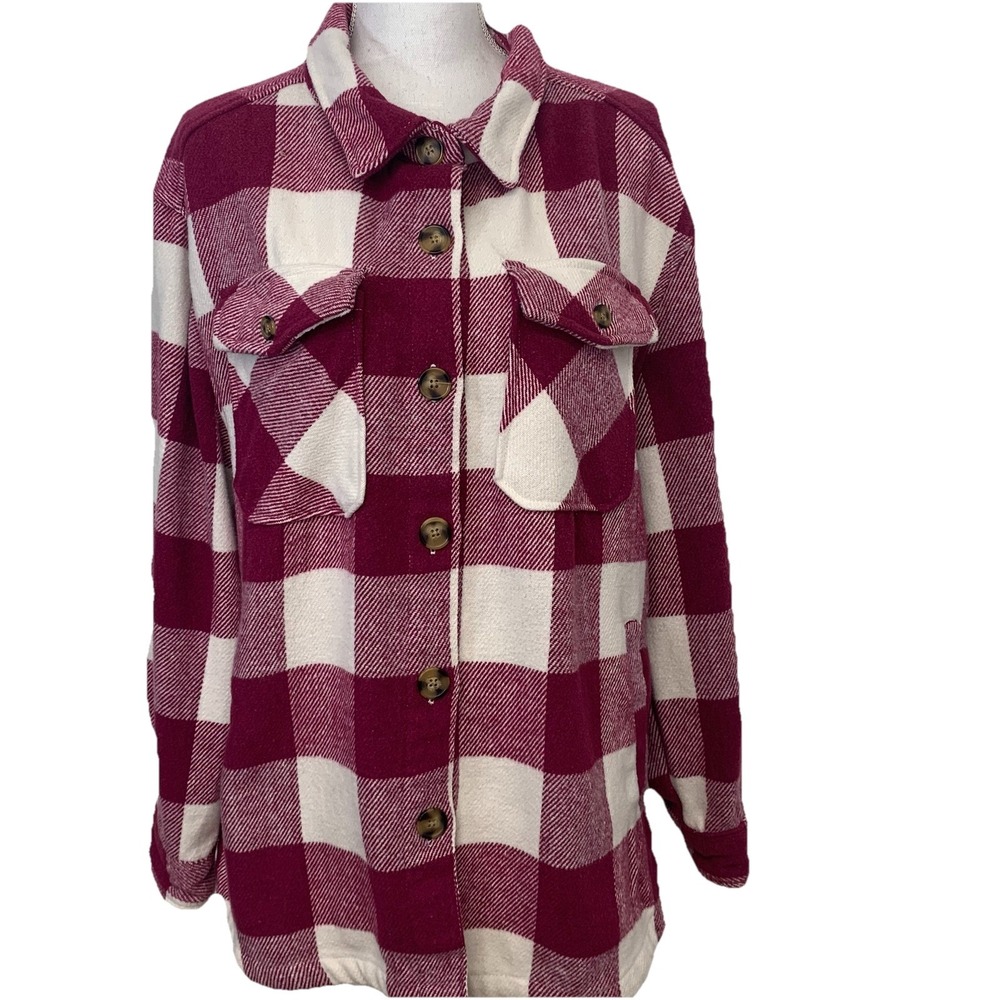 Members Mark Buffalo Plaid Shacket Woman XL Pink Button Up Pockets Utility Work